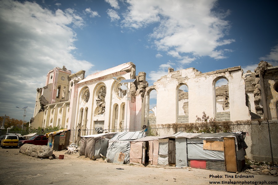 crumbling structure of earthquake damaged cathedral in Port au Prince, Haiti