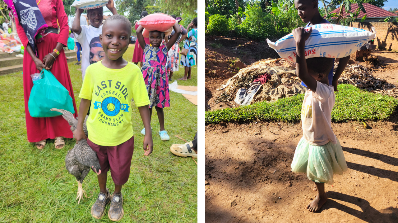 Kids carrying the food gifts